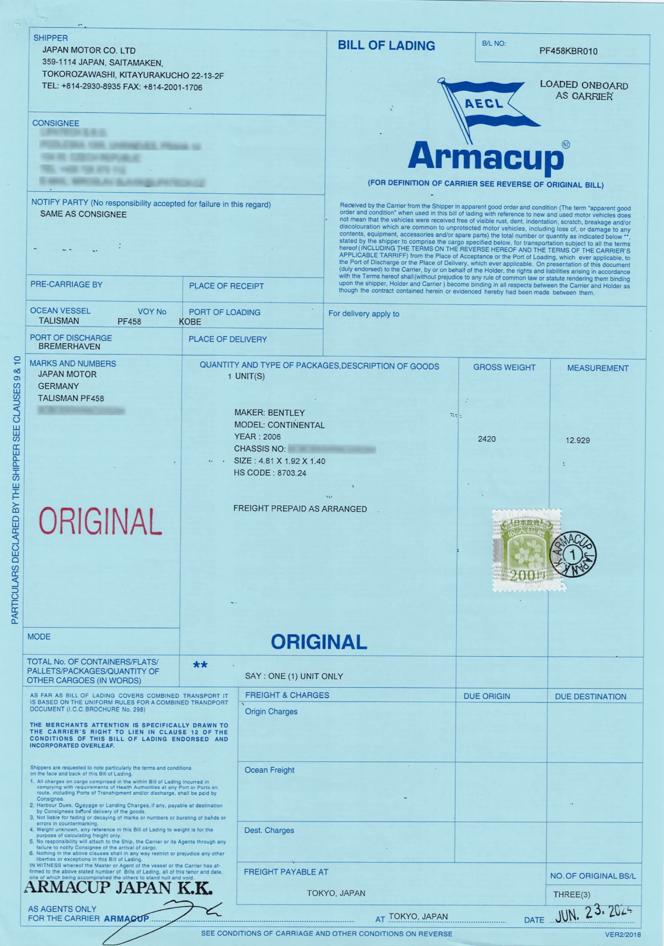 Export certificate document